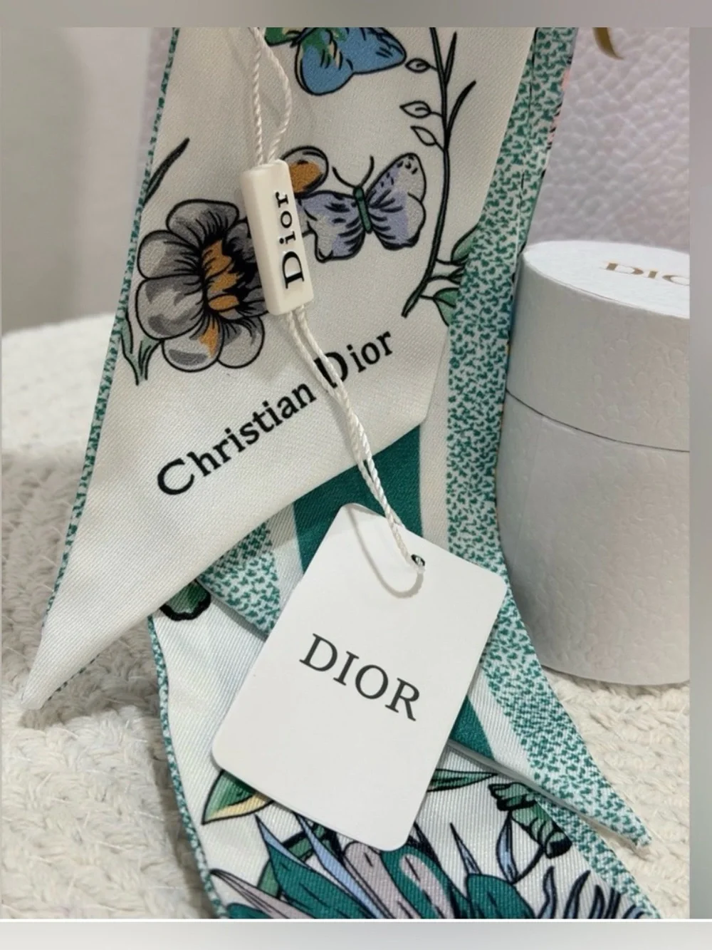 Dior Butterfly & Floral Silk Scarf W Dior Box & Gift Bag Set- Pink/Green/Blue
